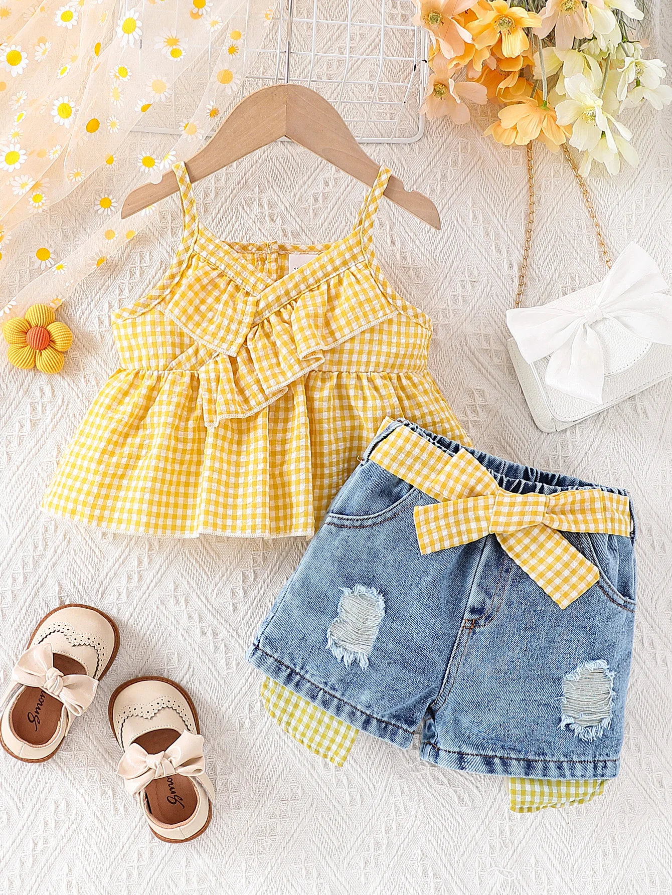 

Летний комплект одежды для девочек и комплект джинсовых шорт, 2-6 лет | Желтый клетчатый топ с рюшами, джинсовая ткань с эффектом потертости и бантом | Мягкий, дышащий