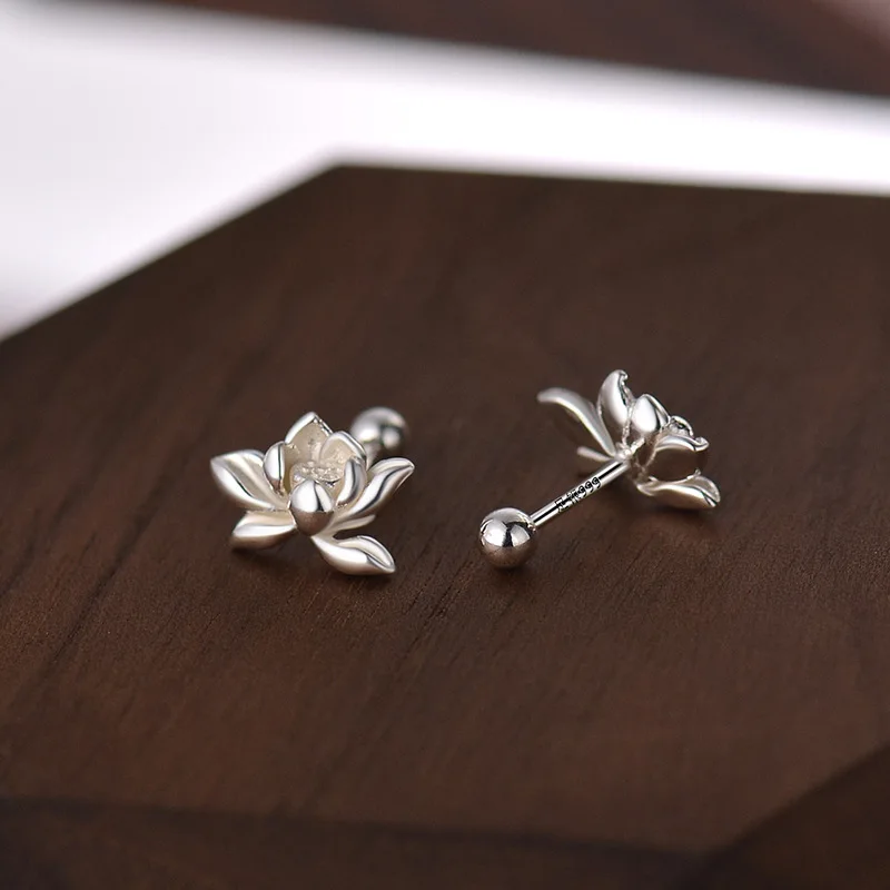 YILUOCD 925 Sterling Silver Lotu Flower Stud Earrings Vintage Tassel  Flower Earrings for Women Cute Sweet Irregular Jewelry