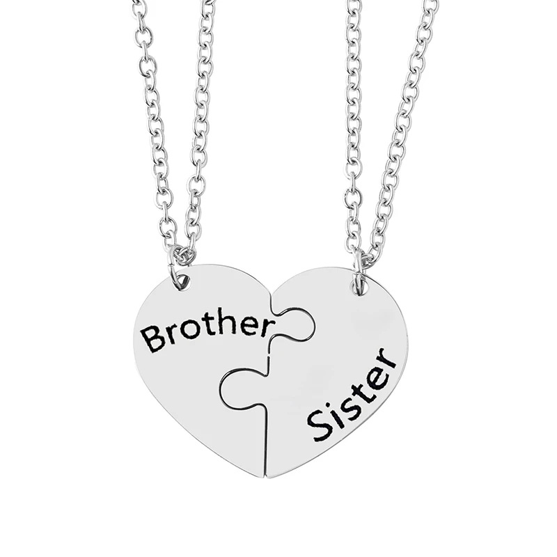 2 Pcs/Set Brother Sister Matching Necklace Stainless Steel Heart Puzzle Pendant Necklaces Family Jewelry Gifts