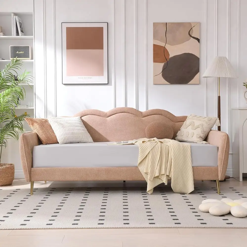 

Twin Upholstered Daybed with Cloud Backrest, Linen Sofa Bed, Metal Legs, Wood Slat Support, Suitable for Bedroom, Living Room, G