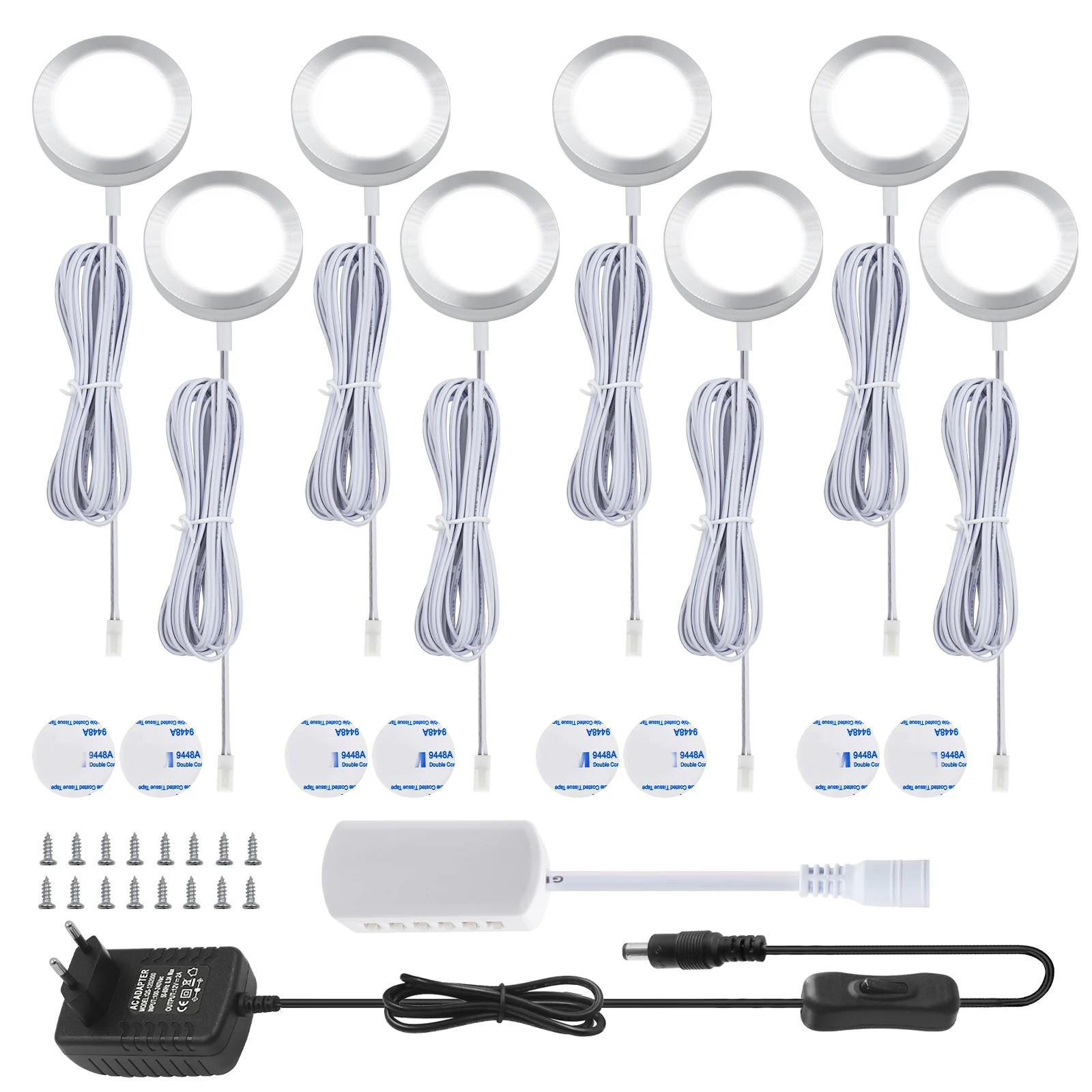 

DC 12V Round LED Cabinet Light EU US UK Kit Warm/White Kitchen Counter Furniture Decor Lamp