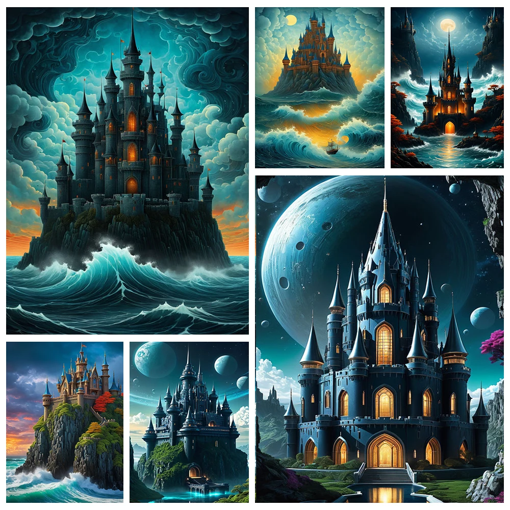 Sea Castle Diamond Painting Full Round Diamond Rhinestone Mosaic  Handmade Cross Stitch Kit Comic Scenery Home Wall Decor Gifts