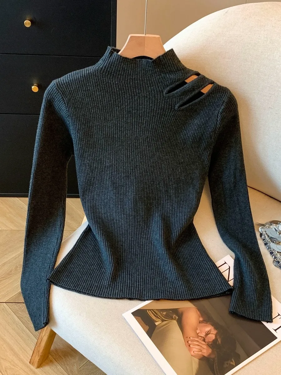 Ele ape Lila Strickpullover Damen Herbst Winter Basisschicht aushöhlen Halbhoher Kragen Slim Fit Pendler Sle