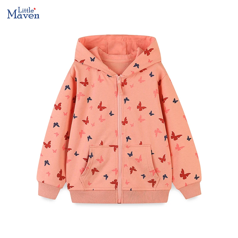 Little maven 2024 Autumn Spring Girls Zipper Hoodies Cartoon Butterfly Sweatshirt Jacket for Kids Clothes Children\'s Clothing