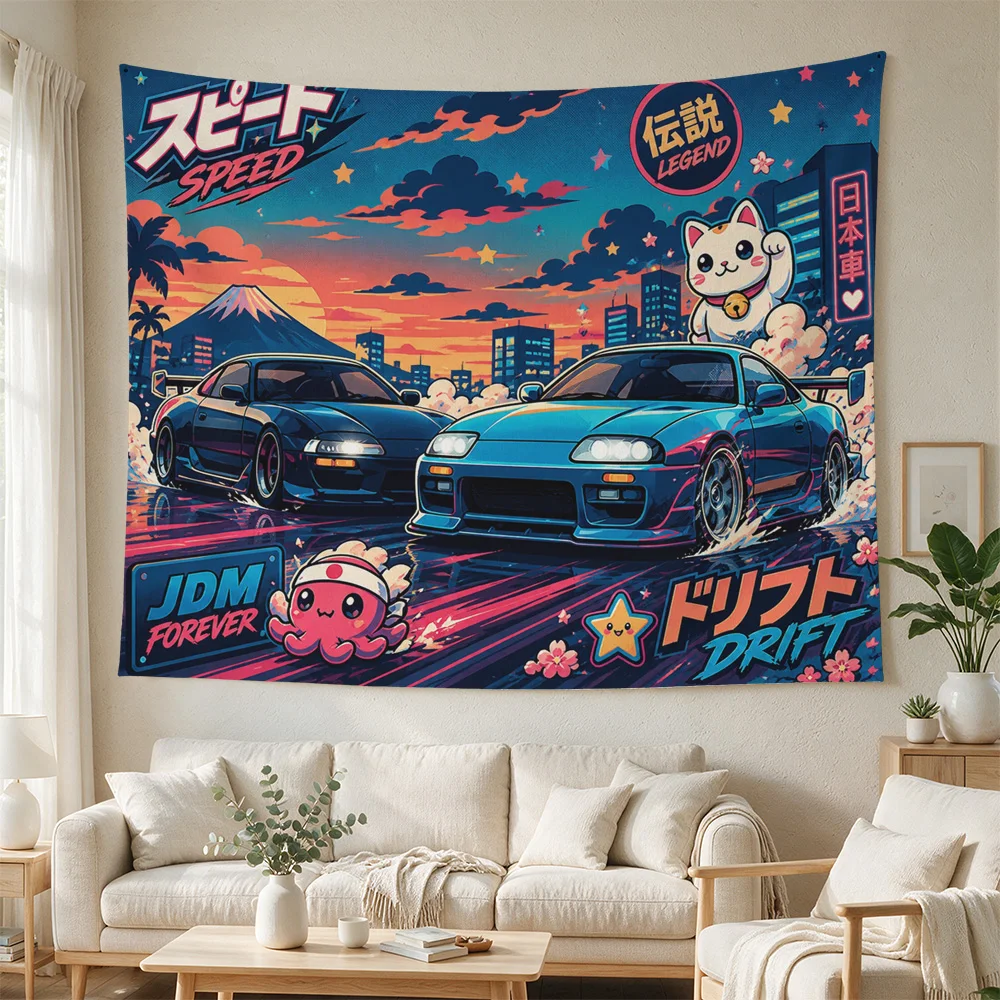 Japanese Drift Car Show Speed Legend Anime Style Wall Tapestry for Man Cave Garage Decor