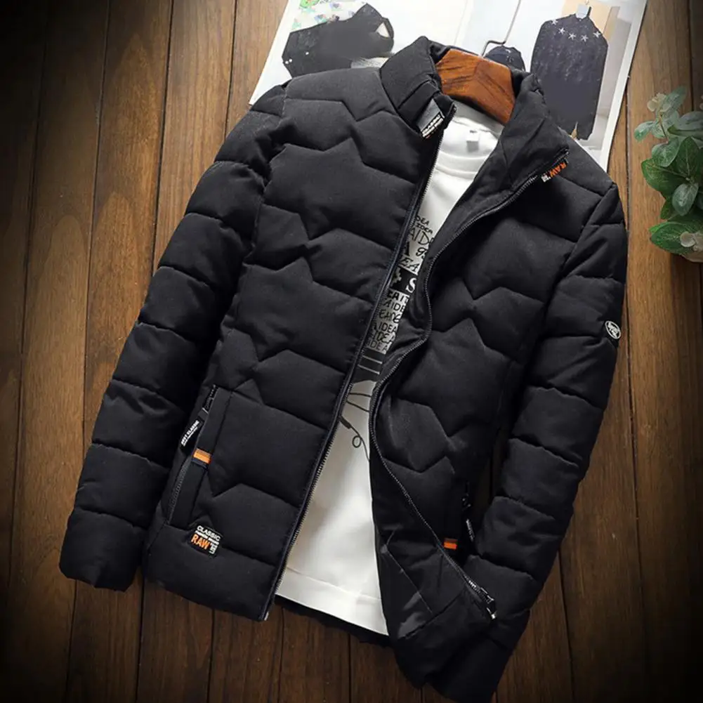 Trendy Autumn Winter Men Jacket Cotton Padded Stand Collar Warm Windproof Slim Fit Jacket Zipper Pockets Jacket Men Overcoat