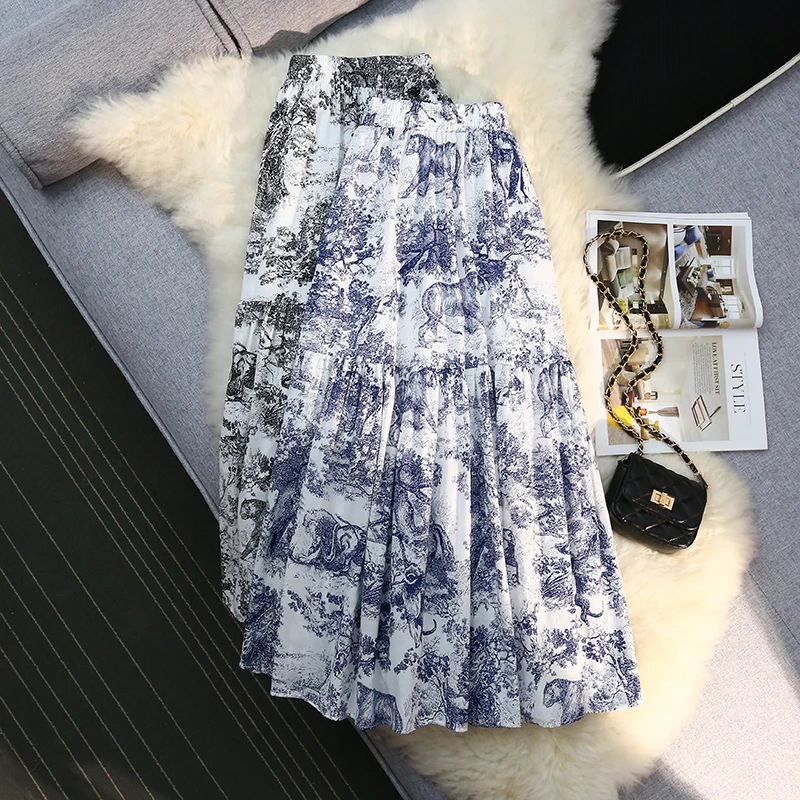 

2024 High Fashion Summer Midi Skirts for Women Elastic Waist Animal Print Casual Vintage Skirt Female Faldas Holiday Blue Black