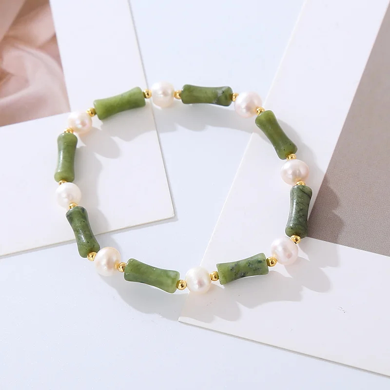 100% Natural Freshwater Pearl & Bamboo Joint Olive Jade 14K Gold Filled Female Bracelet For Girlfriend Gifts Cheap