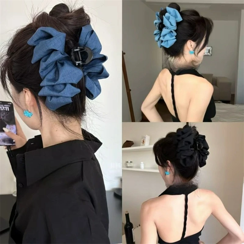 

Large denim bubble grab clip women's hair accessories summer sweet and spicy wind pleated denim hairpin hair accessories, suitable for daily casual wear, parties, summer women's beach accessories, vacation, yoga, sports
