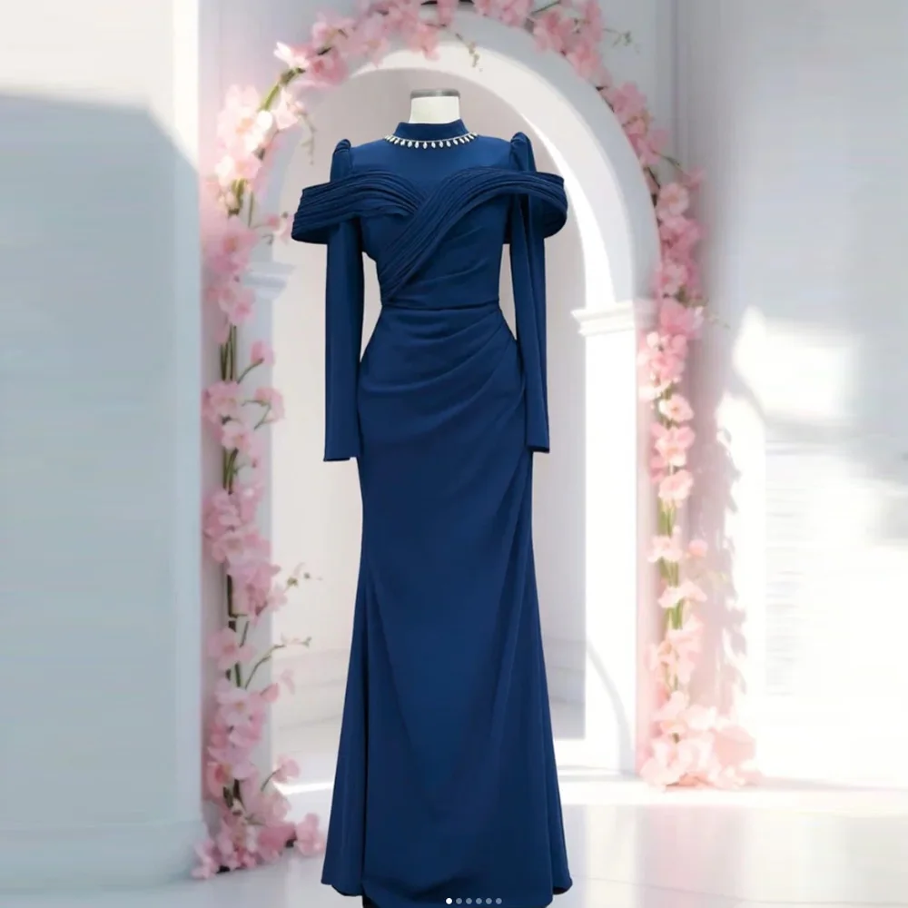 

Customized A-line Evening Dresses Floor-length High-neck Full Sleeve Prom Gown Fashion Crystal Pleat Simple Draped Party Gown