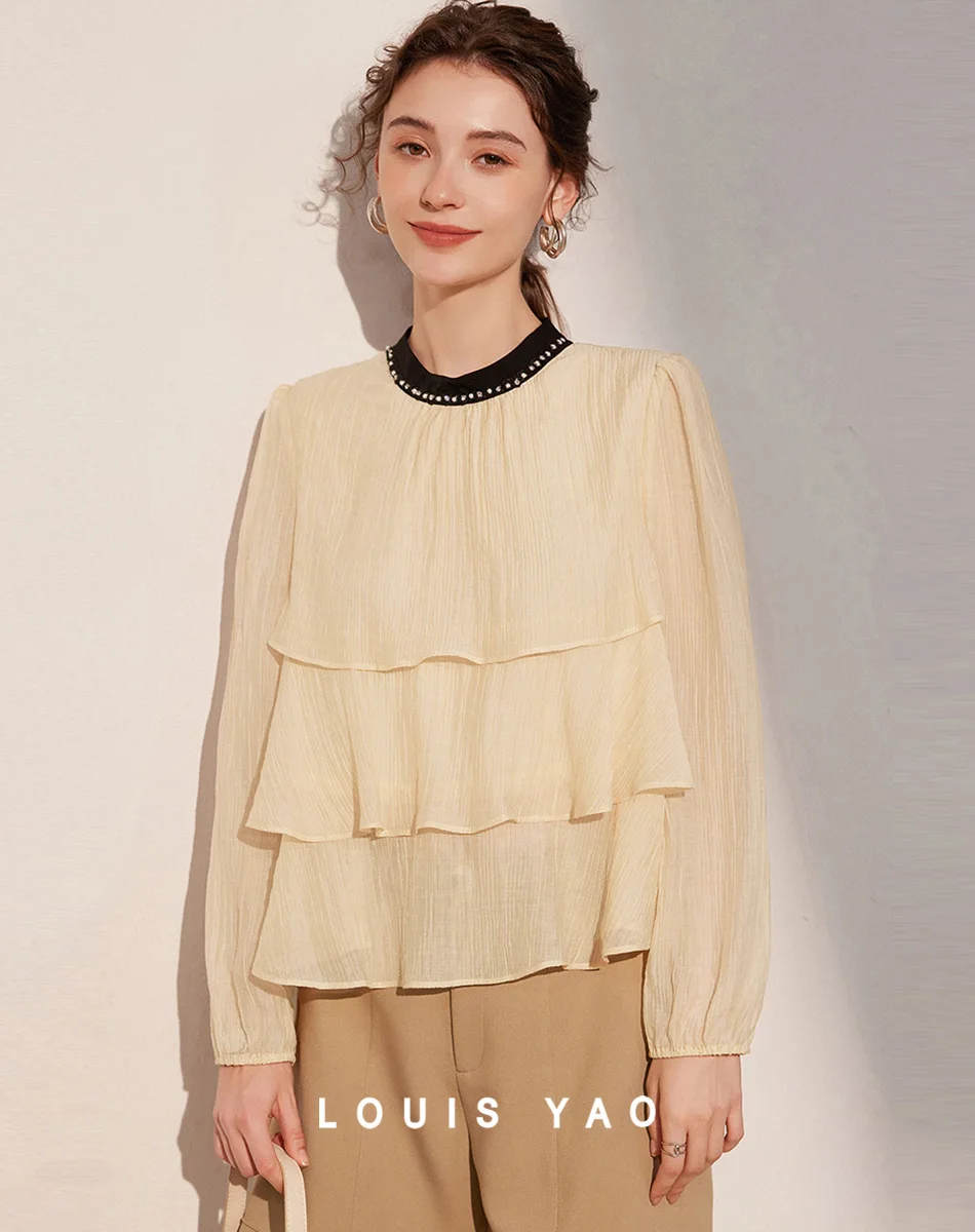 

LOUIS YAO 2024 Contrast Color Stand-up Collar Beading Autumn Elegant Lyocell Non-elastic Three-layer Ruffle Women's Shirt