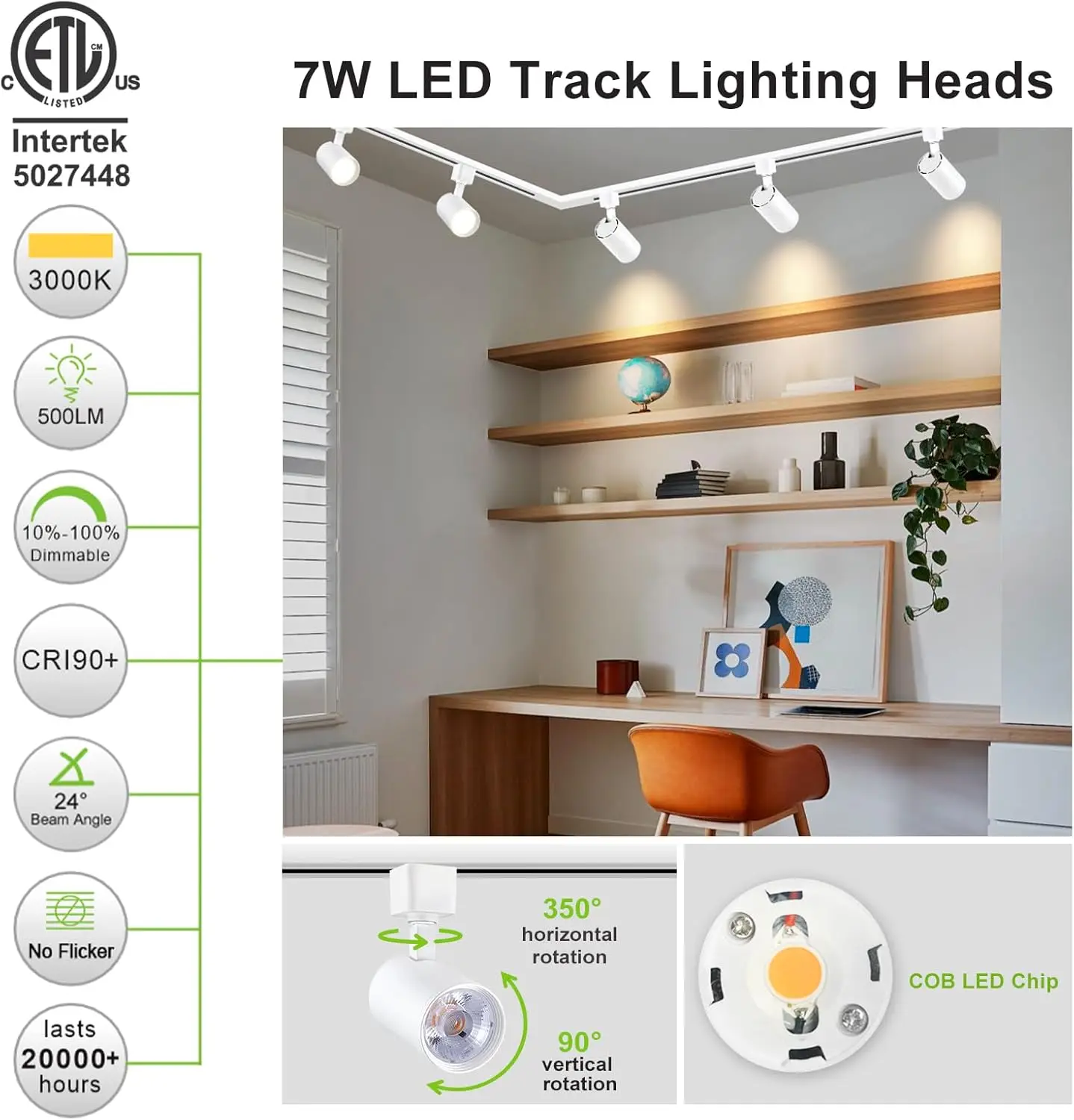 Arcfox 7W Led Track Lighting Heads 3000K Dimmable H Type Track Light Fixture Ceiling Spotlight Etl 24° Cri90 3-Wire For