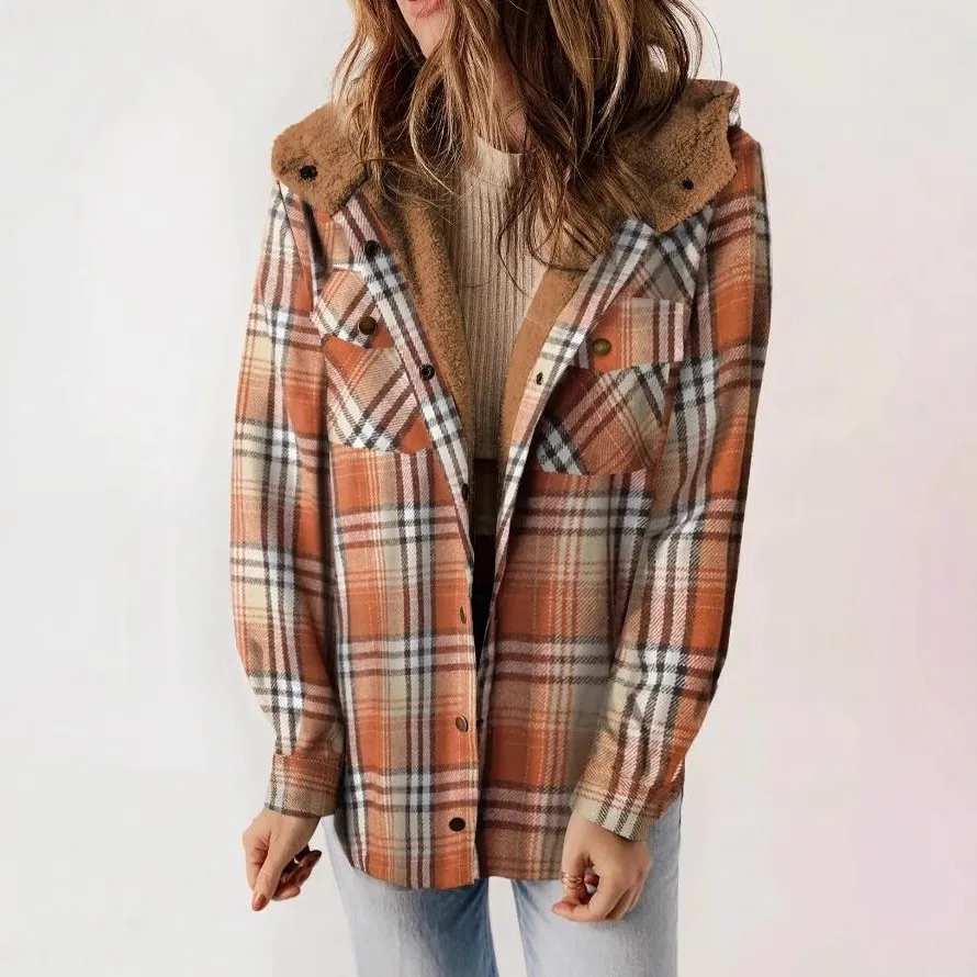 Coat Jacket Plaid Loose Fit Jackets Long Sleeve Hooded Jacket Button Front Shacket Oversized Fit Casual Jacket Pastel Pink Plaid