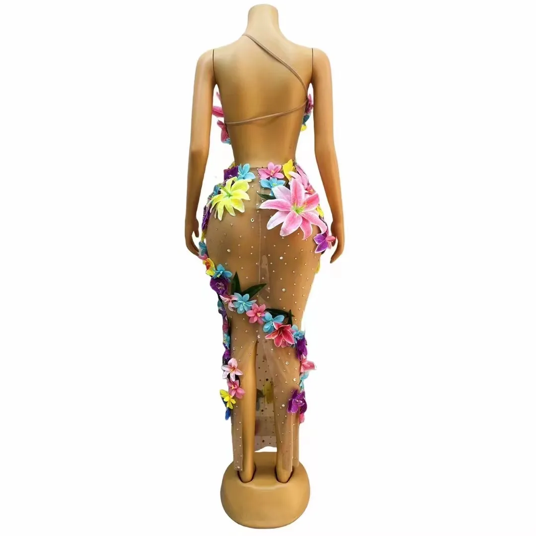 Evening Celebrate luxurious Colorful Flowers Rhinestones Backless Dress Beads Performance Sexy Dance Photo Shoot Costume