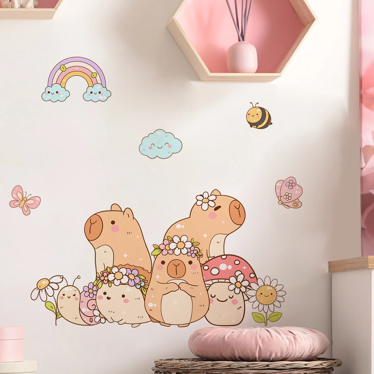Cartoon Cute Capybara Flower Animal Watercolor Wall Sticker Children Room Wall Art Decal Kids Room Bedroom Living Home Decor