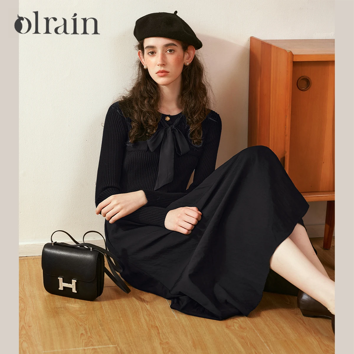 

Женское черное трикотажное платье миди OLrain с бантом, новинка 2026 года, элегантное, с длинным рукавом, приталенное, в стиле пэчворк, повседневное, винтажное, N56QL88353