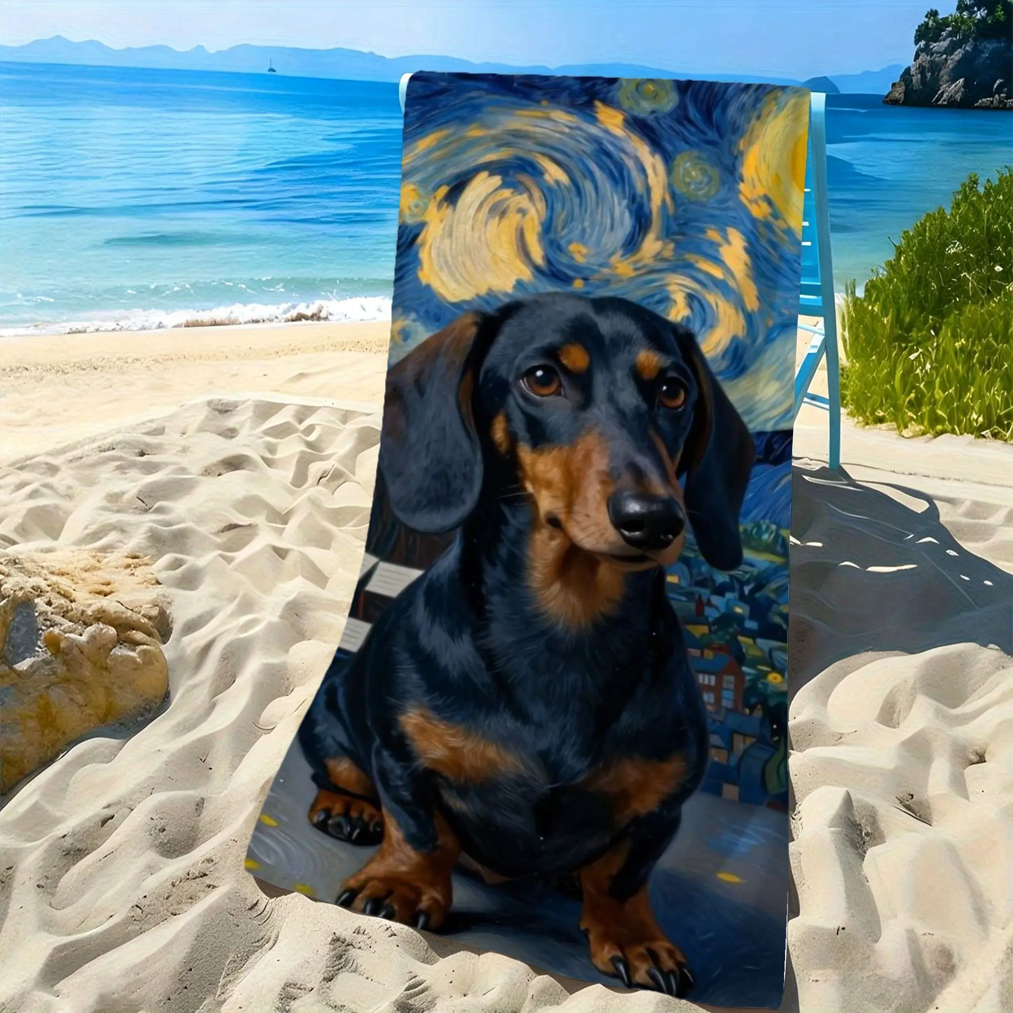 Van Gogh Starry Sky Dachshund Dog Art Print Beach Towel Highly Absorbent Unique Artistic Towel For Pet Lover Pool Holiday Gift