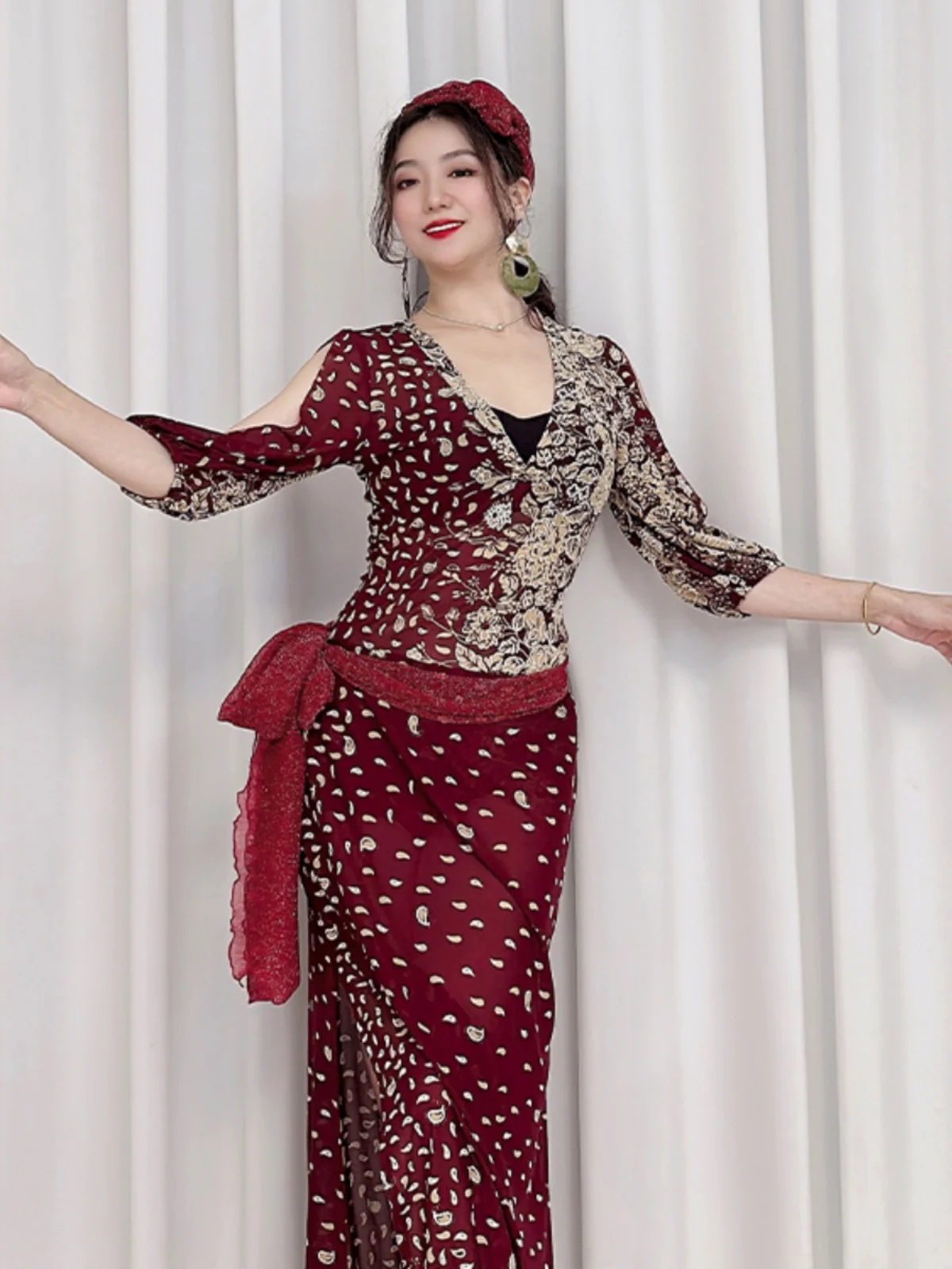 Seksowny strój do tańca brzucha na poziomie mistrza, wzór w panterkę, siateczka, suknia folklorystyczna Baladi z laską, strój do występów dla...