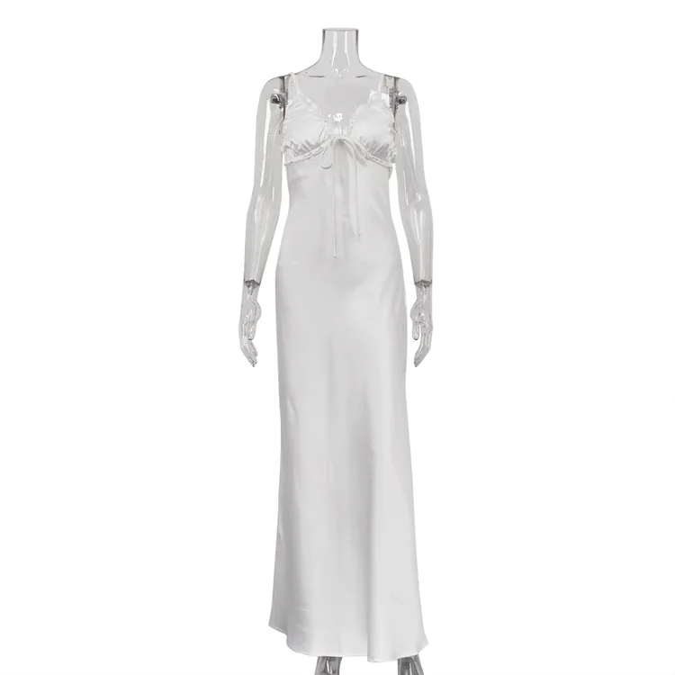 فستان نسائي مثير مكشكش بنمط جديد مع فتحة رقبة على شكل حرف V مفرغة بدون ظهر وخصر عالي وتنورة طويلة معانقة الورك #5