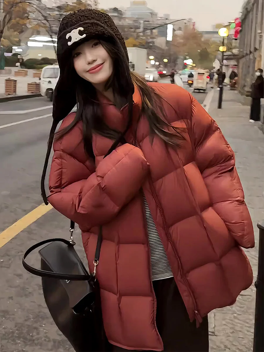 

Red Puffer Jaet Women Winter Small Size Medium Length Loose Thiened Stand Collar Du Feather Warm Outerwear Casual Sle