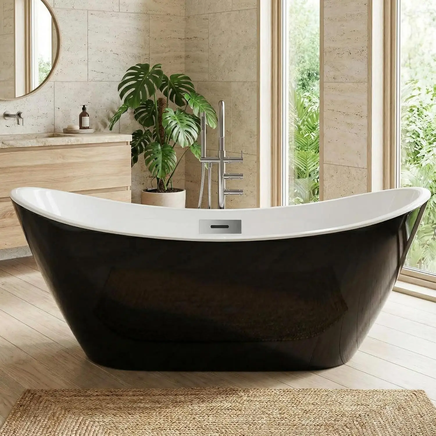 

67 Inch Black Freestanding Bathtub, Deep Soaking Acrylic Tub, Modern Standalone Soaker with Polished Chrome Overflow and Pop-Up
