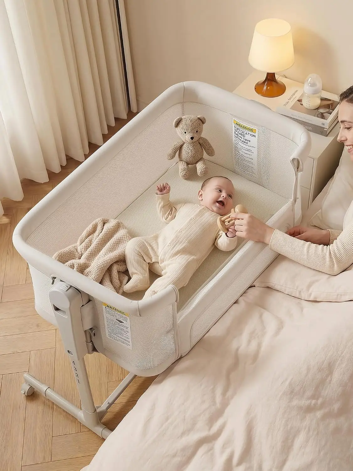 Baby Bassinet Bedside Sleeper 3-in-1, Easy Night Feeding with One-Side Fold & Rolling Wheels, Breathable Mesh, 6-Height Adjustab