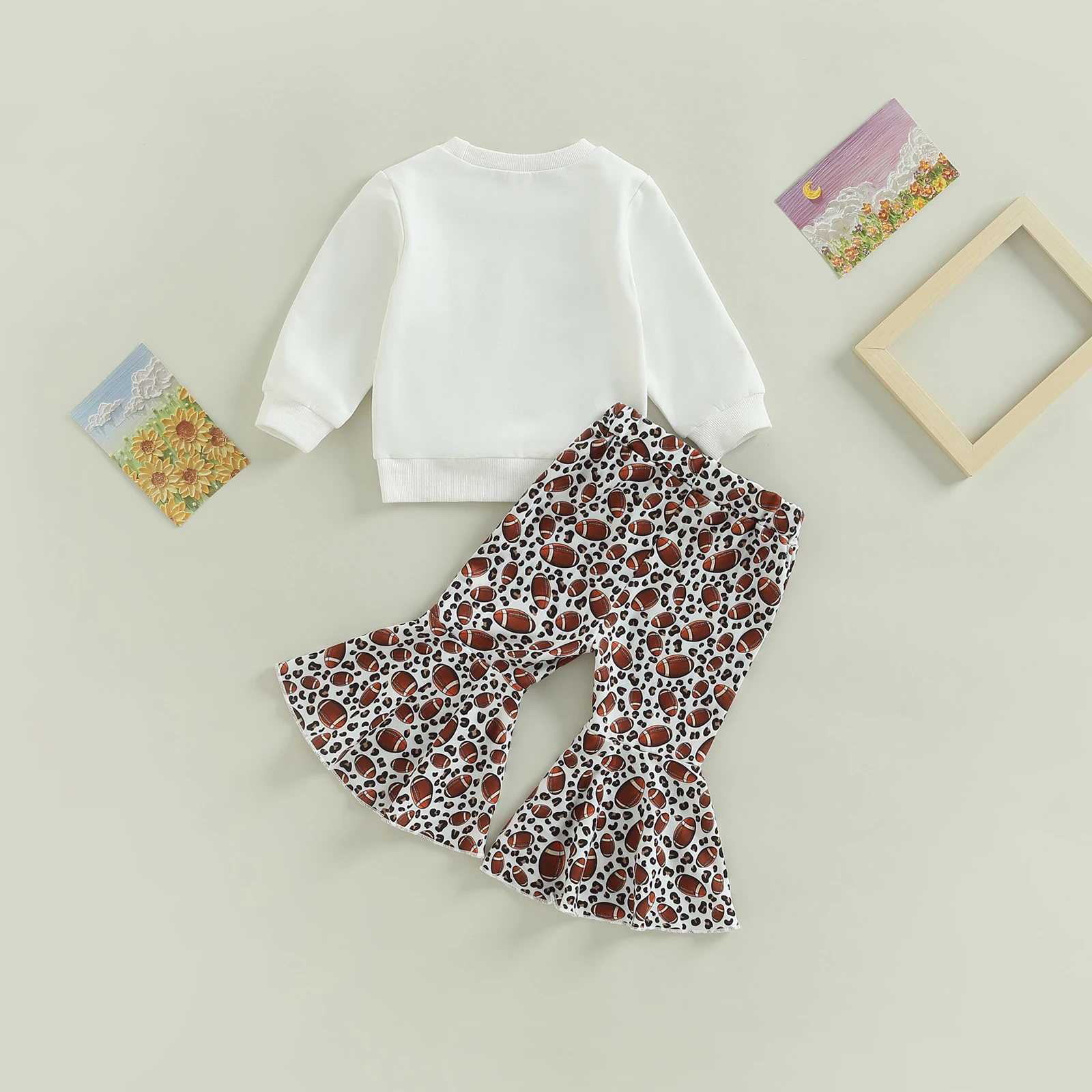 Toddler Kids Girls 2 Pieces Outfits Letter Heart Rugby Print Round Neck Long Sleeve Tops + Flare Long Pants Set