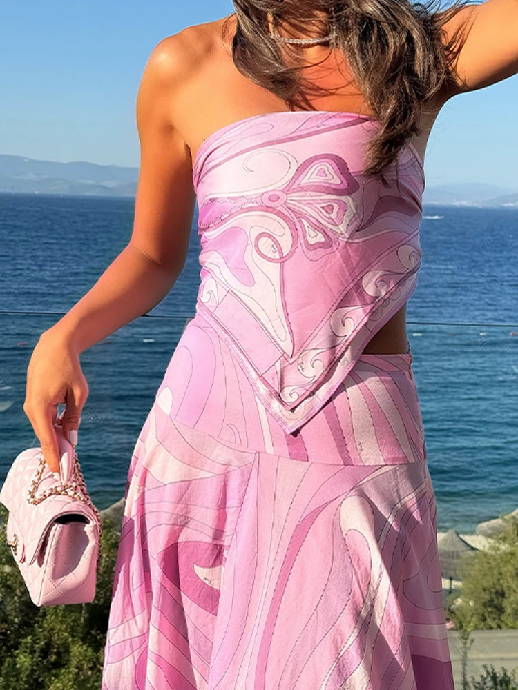 

Elegant Strapless Vacation Skirt Sets Sexy Sleeveless Vest with Skirt Outfits Women's Fashion Pattern Print Long Skirt 2Pc Suits