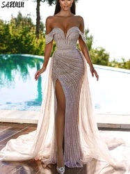 Sparkly Off the Shoulder Prom Gown Sexy Party Sequins Bridal Dress Customized Mermaid Side Slit Evening Dress Vestidos De Novia