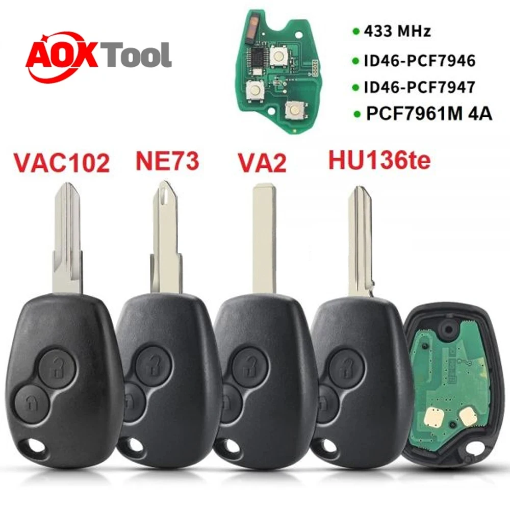 AOKTOOL-llave remota de 2 botones para Renault, 434 MHz, PCF7947, PCF7946, PCF7961M