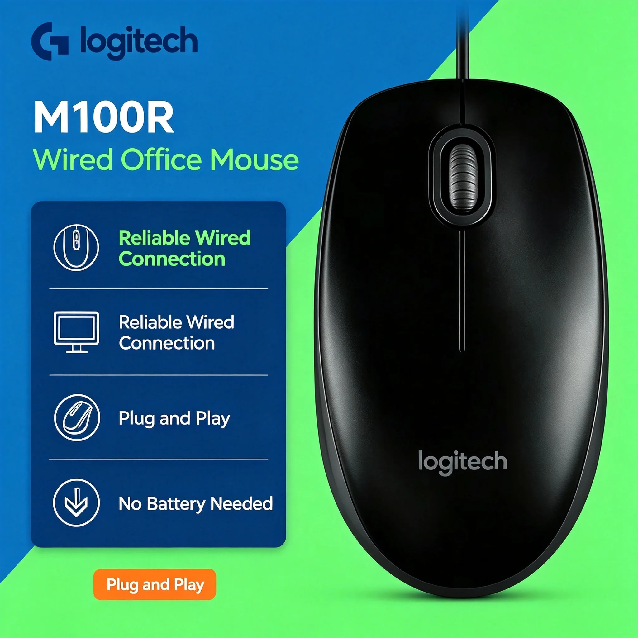 Logitech M100R Wired Optical Mouse Low Power Consumption USB Mice for Home Use