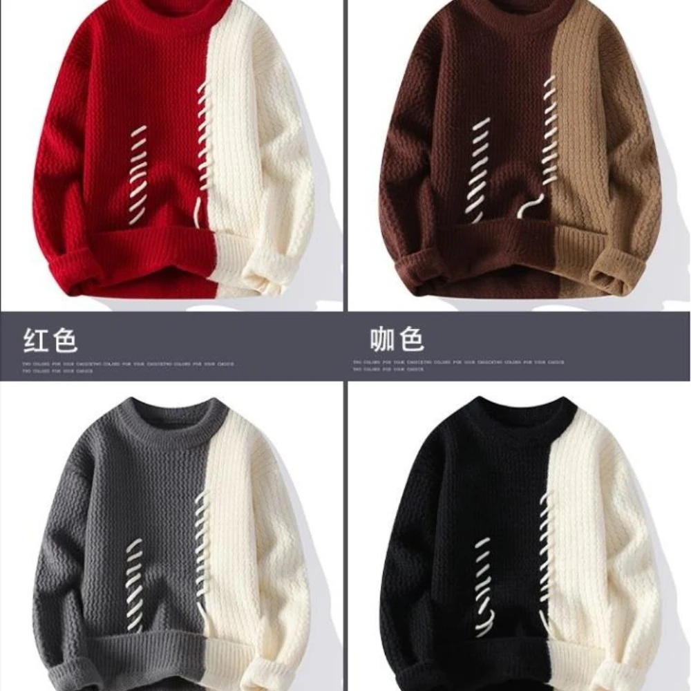 2025 Autumn and Winter New Men's Round Neck Knitted Sweater Fashionable Casual Color Blocked Warm Pullover High-quality Top