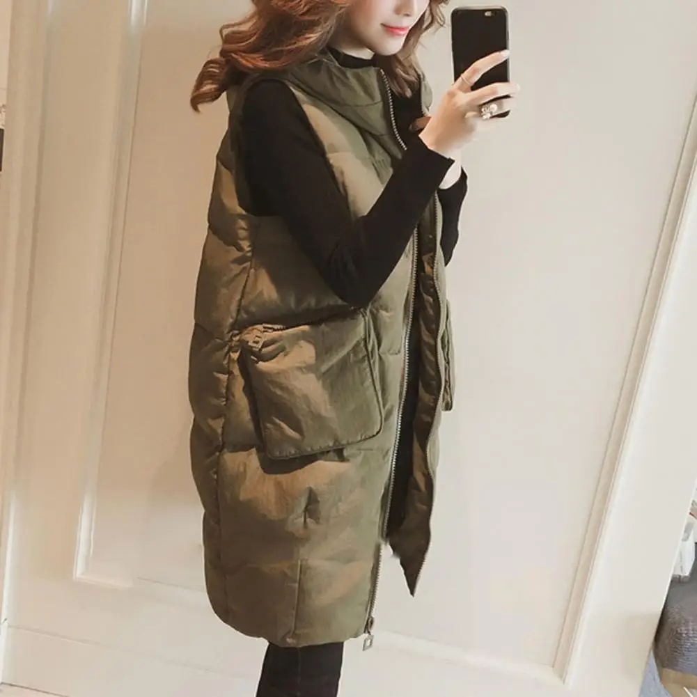 Women Autumn Winter Solid Color Long Waistcoat Hooded Sleeveless Pockets Zipper Placket Vest Coat Cotton-padded Outwear