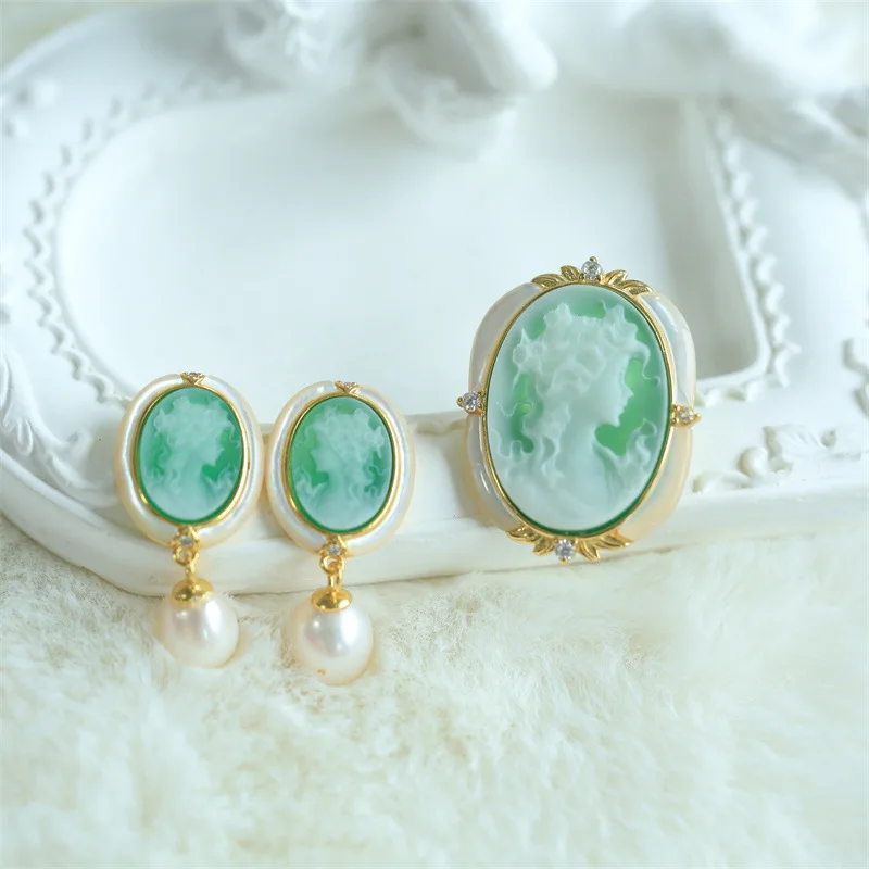 

s925Silver inlay German Cameo Agate Relief Goddess Pendant Brooch Pendant Dual-use Style Ring Earrings