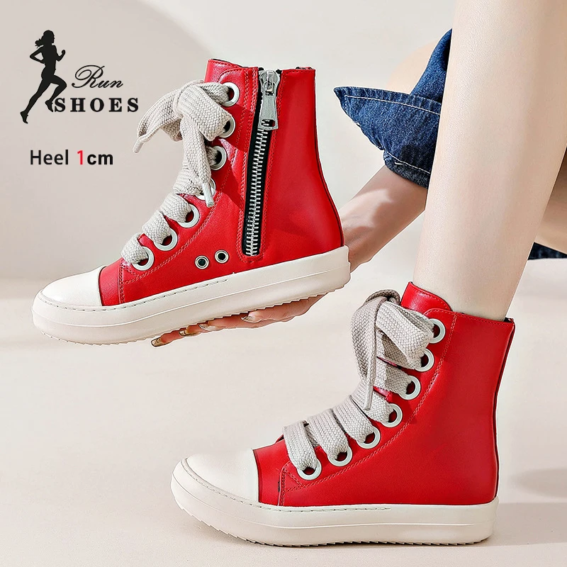 Fashion Girls Red Mid-Calf Boots Soft Flat With Round Toe Lady Casual Shoes 2024 New Side Zip Women Leather Boots Size 43 44 45