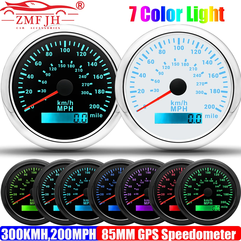 ZMFJH 7 Color Backlight 85MM GPS Speedometer Gauge+Antenna 300KMH,200MPH Speed Meter Odometer Mileage for Marine Boat Car 12V24V