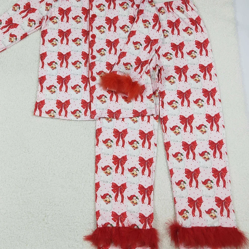 الكبار امرأة ملابس خاصة الفراء طويلة الأكمام زر أسفل سانتا الانحناء قميص مجموعة السراويل عيد الميلاد الزي النساء منامة الملابس بالجملة