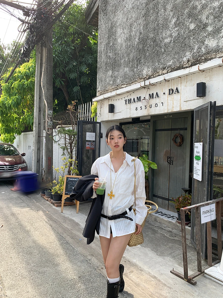 

Sli White Long Sve Women's irt Autumn Faionable Age-Defng Outerwear Design Straight Cut Cotton Commute Sle