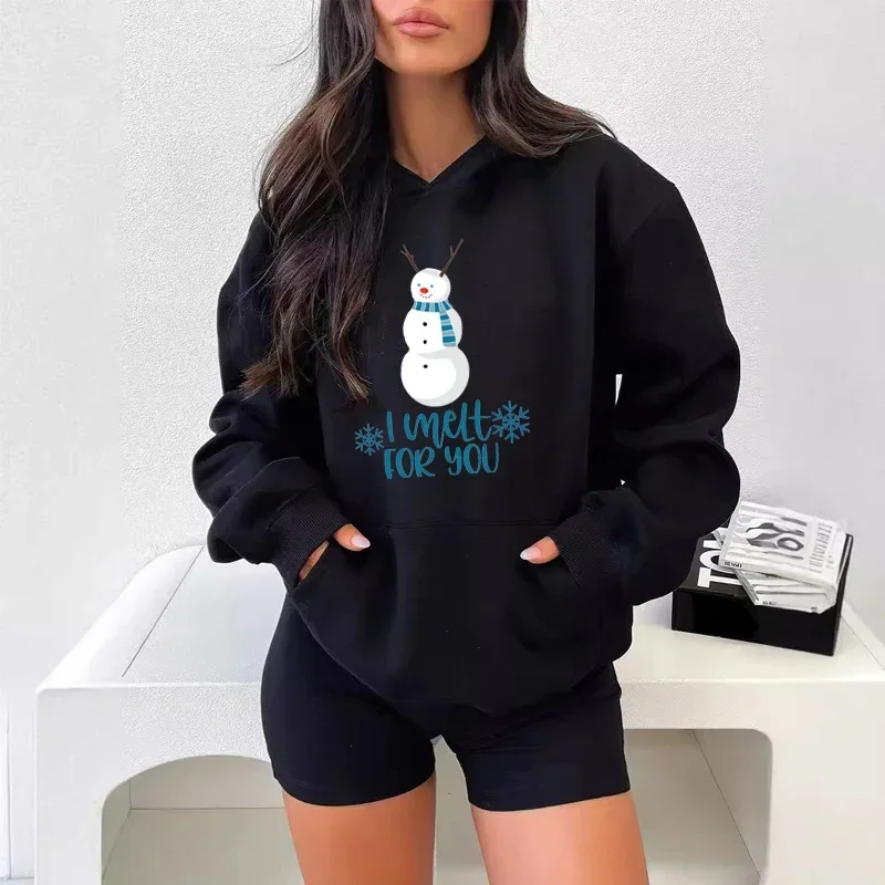 Sweat-shirt imprimé bonhomme de neige mignon pour femme, je me fond pour vous, sweats à capuche à la mode, haut pull pour femme, automne, hiver