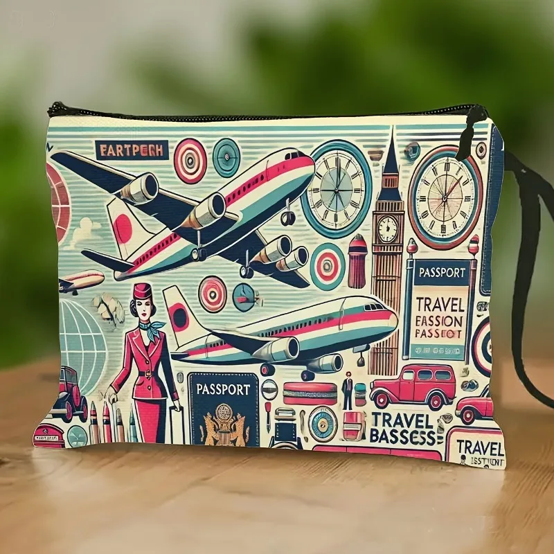 Vintage Style Passport And Airplane Pattern Double-Sided Print Toiletry Bag And Makeup Pouch, a Travel Essential Wrist Strap Sto