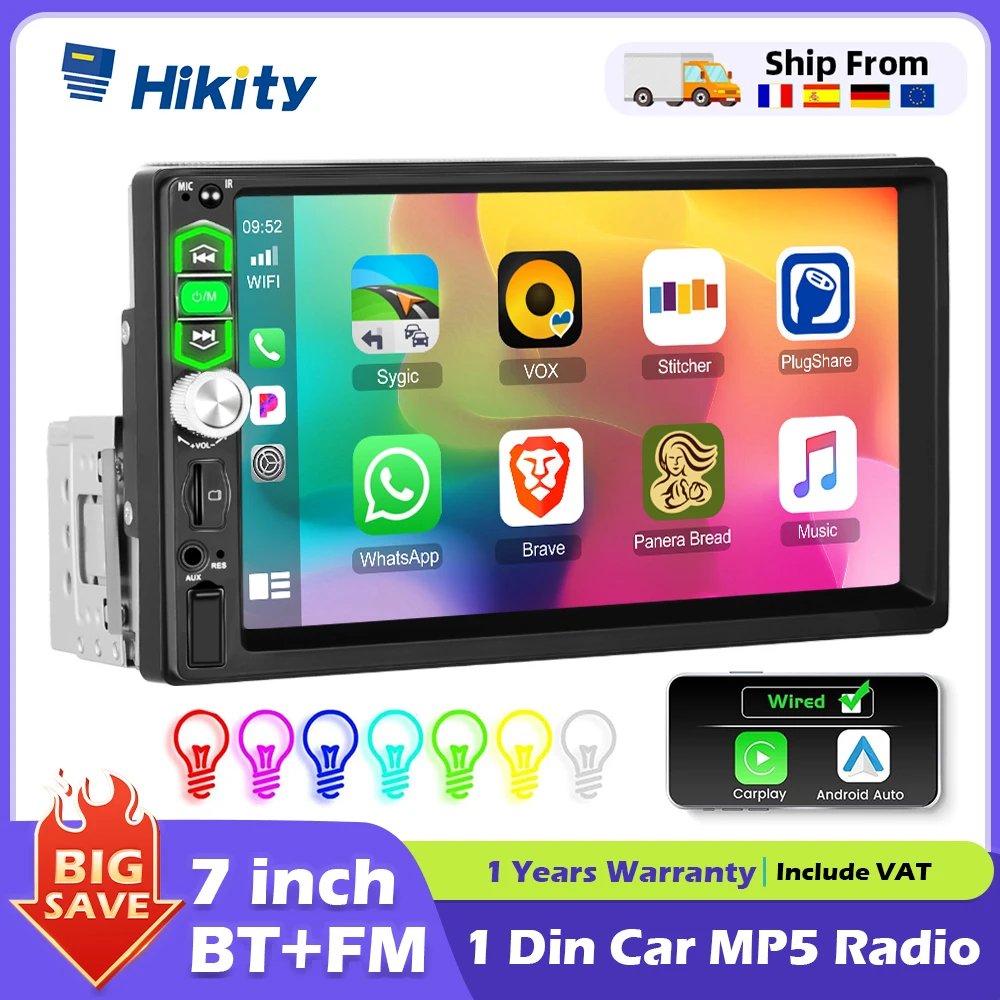 Hikity 1din Carplay Auto Multimedia-Player Autoradio Touchscreen FM Audio Stereo Bluetooth