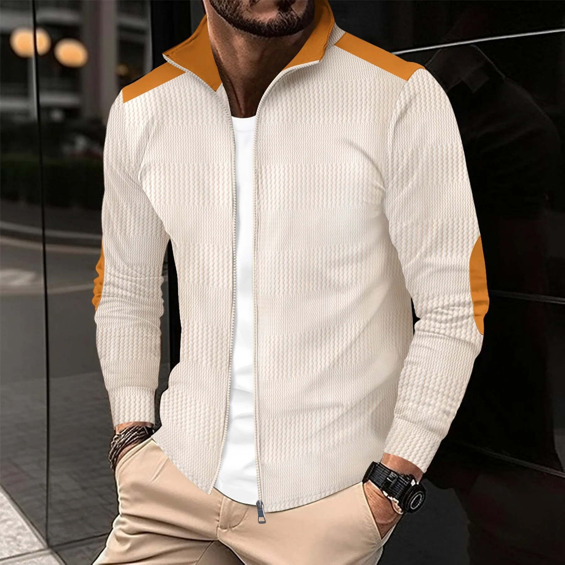 

Текстурированный волнистый жаккардовый лоскутный пуловер на молнии весна-осень, толстая мужская повседневная спортивная куртка