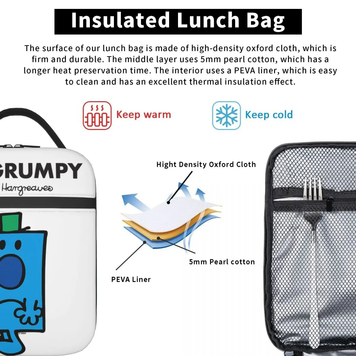 Mr. Grumpy Insulated Lunch Bag for Women Kids Portable Food Boxes Thermal Lunch Box Tote