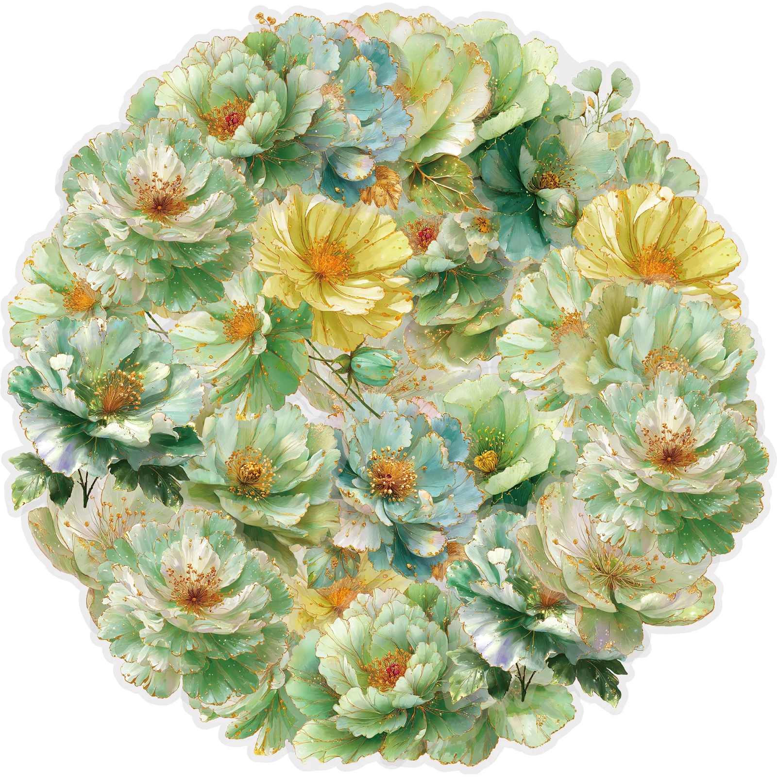 Etori Life Forest Tranquility 20Pcs Celadon Glazed Gold-Painted Peony Pattern Floral Journal Stickers for Notebooks, Phone Stickers, Luggage, Children's Gift Bags, Office Decoration Accessories, DIY Artwork, Handmade Scrapbooking Supplies, Card Making, Baking Sealing, Toy Stickers