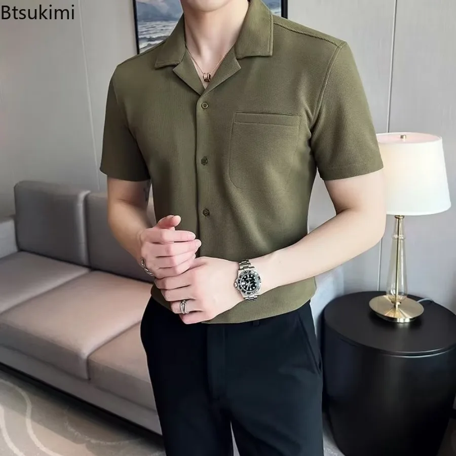 New Men's Waffle Short Sleeve Slim Shirts Solid Ice Silk Lapel Button-up Business Casual Shirt Korean High Quality Men Clothing