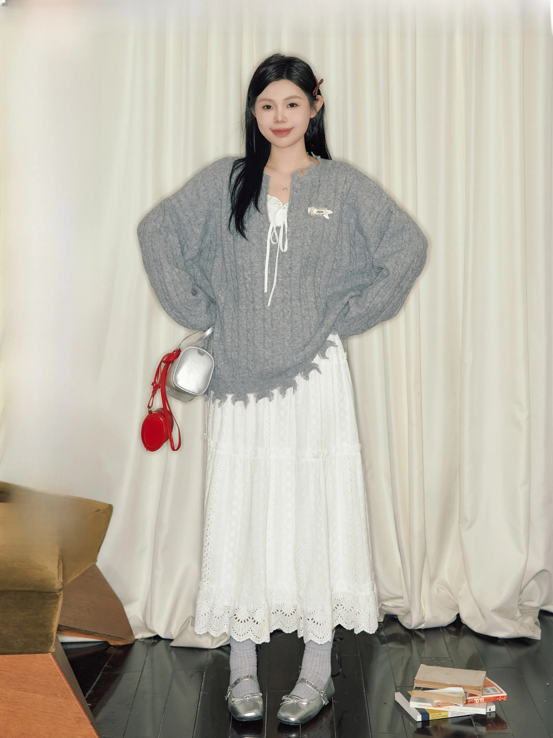 

Комплект из свободного вязаного свитера Vitige и брюк, большие размеры, V-образный вырез, из крученой пряжи, для женщин, комфортный зимний наряд