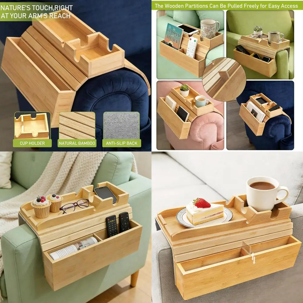 Bamboo Couch Armrest Table with Side ket, Anti-Slip Soa Arm Tray & Tv Remote Holder and Cup Holder Tray, Perect or Holding Drink