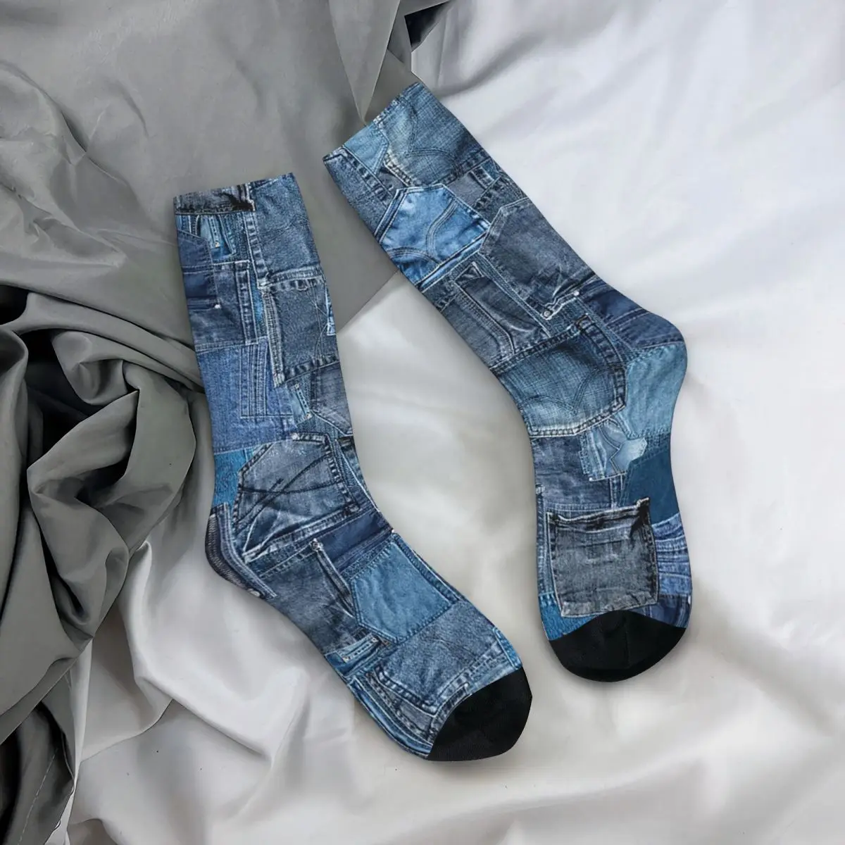All Seasons Crew Stockings Faux Denim Texture Socks Casual Long Socks for Men Women Valentine's Day Gifts