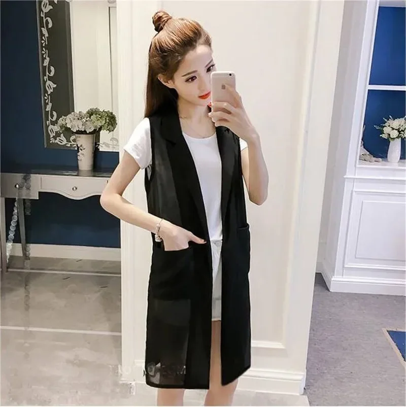 2023 Fashion Summer Blazer New Style Medium Long Chiffon Vest Women's Jacket Light ThinTank Top Sleeveless Cardigan Coat