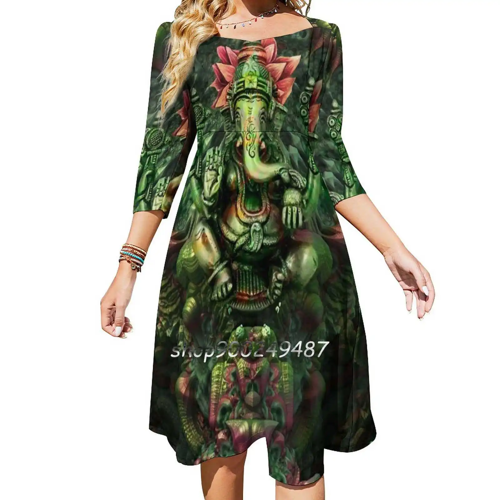 Lord Ganesha Sweetheart Knot Flared Dress Fashion Design Large Size Loose Dress Ganesh Ganesha Deity God Hinduism Hindu Fractal